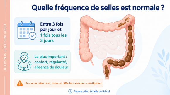 Illustration de la fréquence normale des selles, de 3 fois par jour à 1 fois tous les 3 jours, avec schéma du côlon et repères sur la constipation - Herboristerie Sensathé